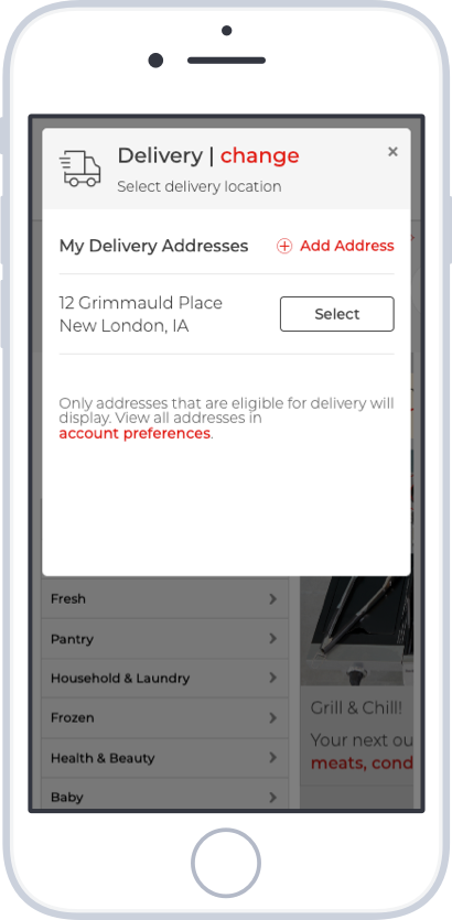 Screenshot of the Select Delivery Location screen