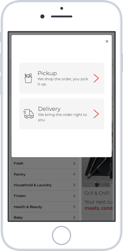 Screenshot showing the choice between Delivery and Pickup